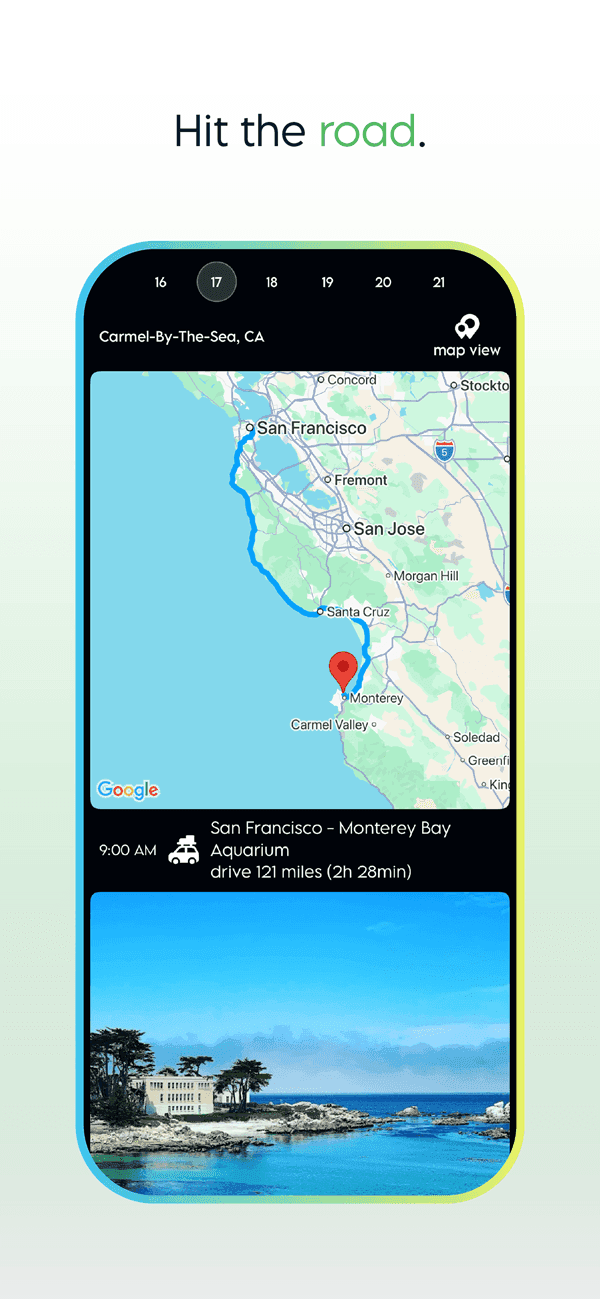 Map of a San Francisco to Monterey Bay Aquarium drive with a coastal photo of Hearst Castle-style cliffs