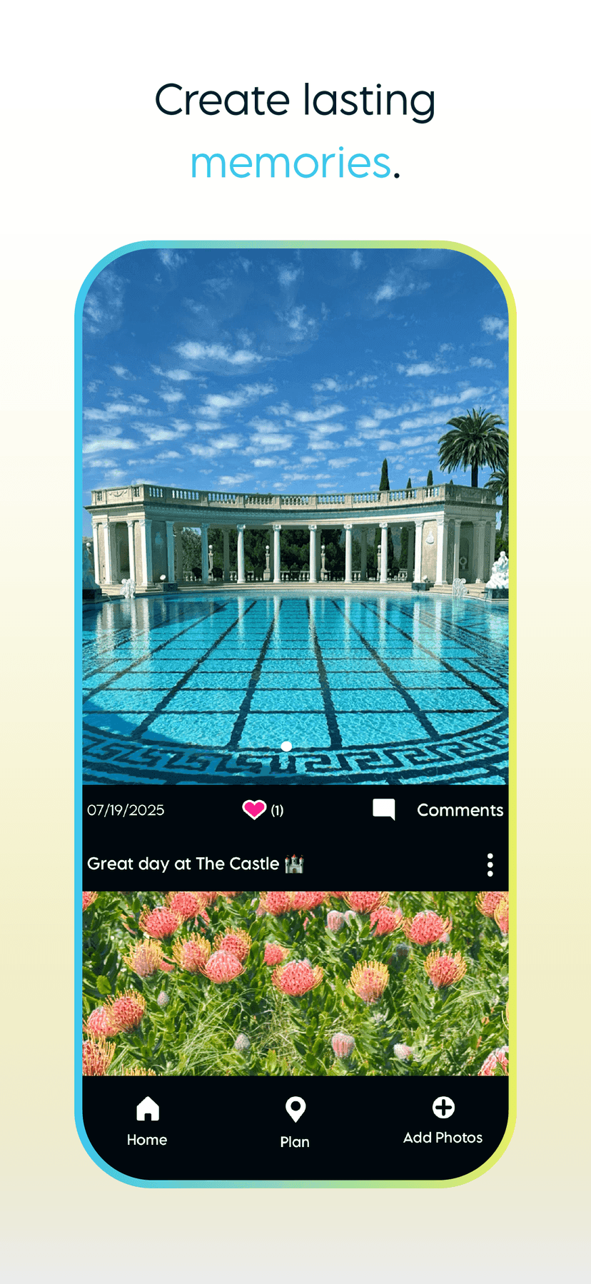 Trip photos of a colonnaded pool at Hearst Castle and pink protea flowers, captioned Great day at The Castle