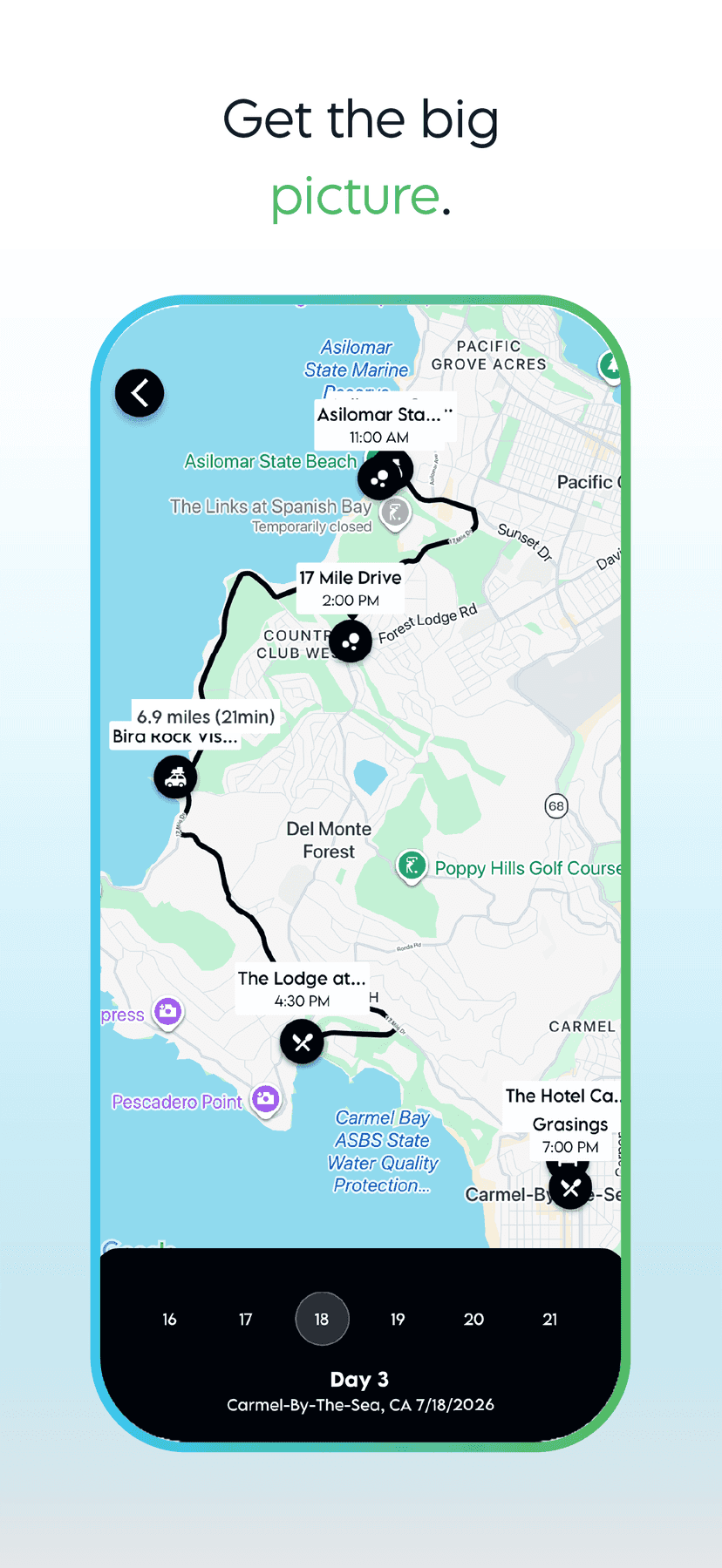 Day 3 map around Carmel-by-the-Sea with stops for 17-Mile Drive, Bird Rock, and dinner in town