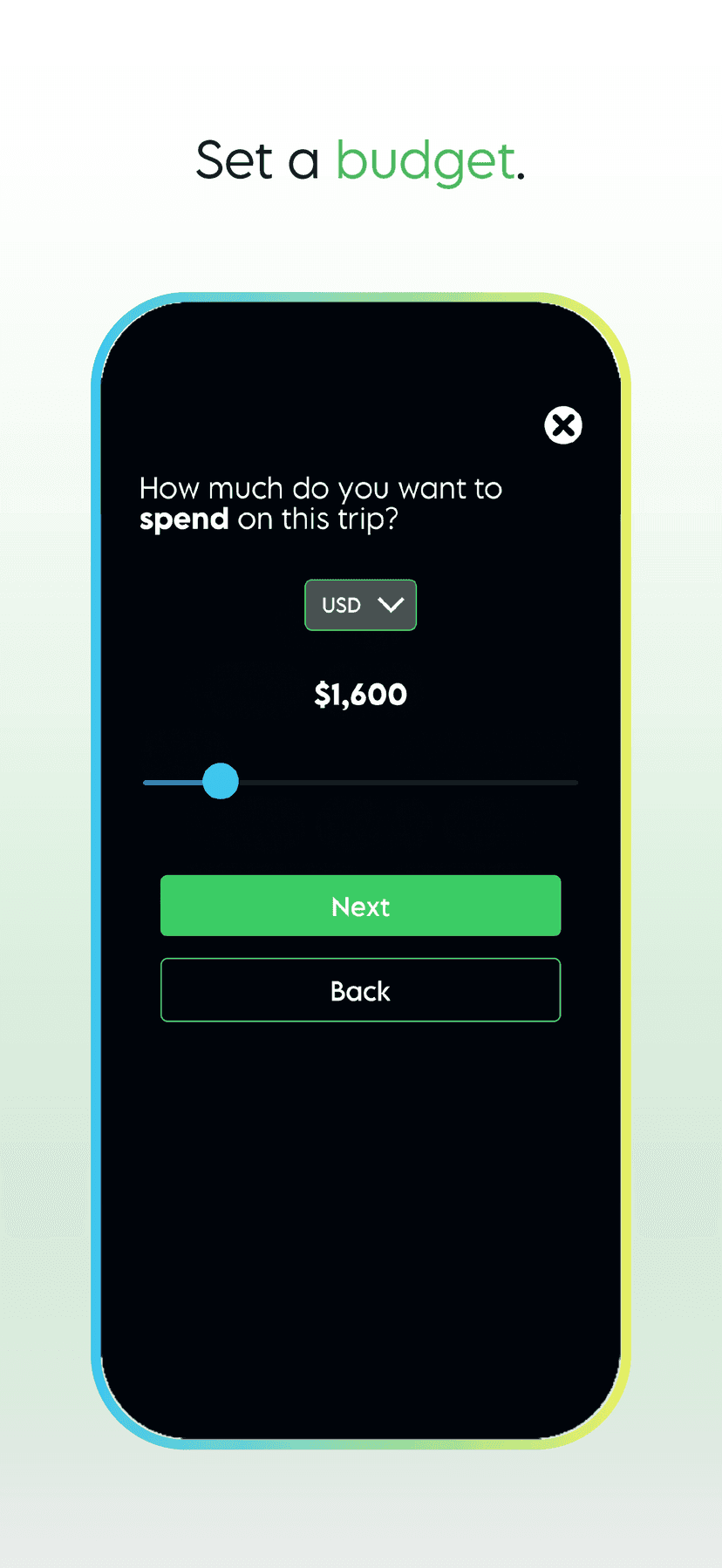Budget slider set to $1,600 USD for the trip
