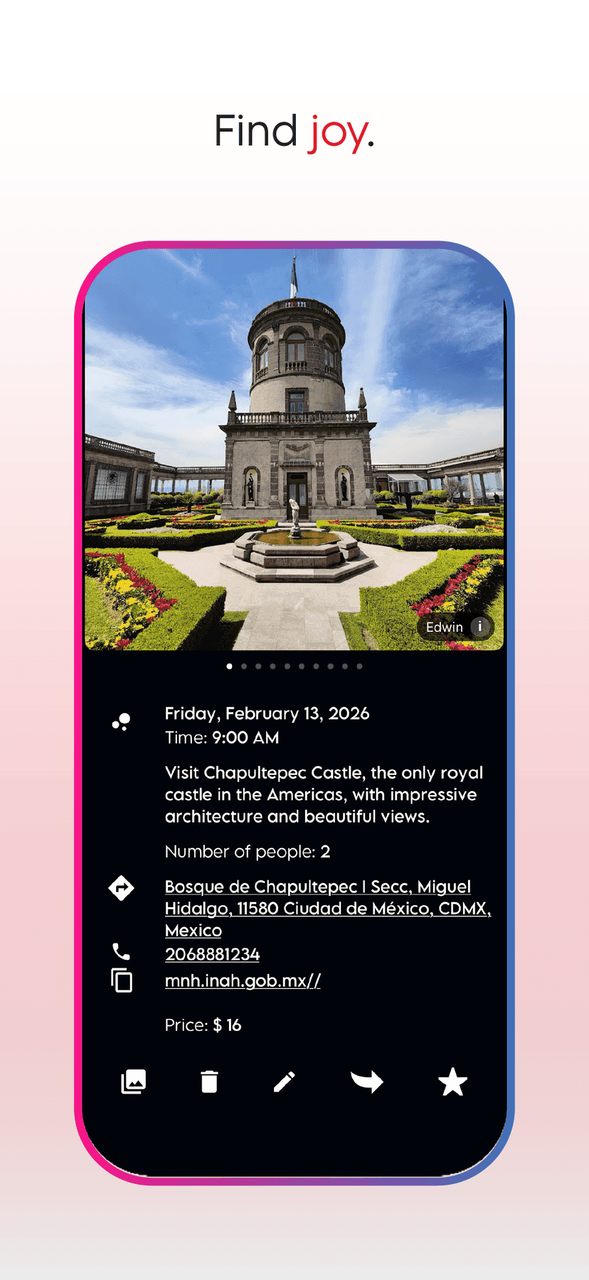 Chapultepec Castle stop with a round tower photo, address, and a $16 price