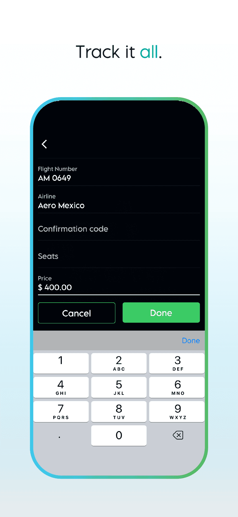 Flight details form for Aero Mexico flight AM 0649 priced at $400