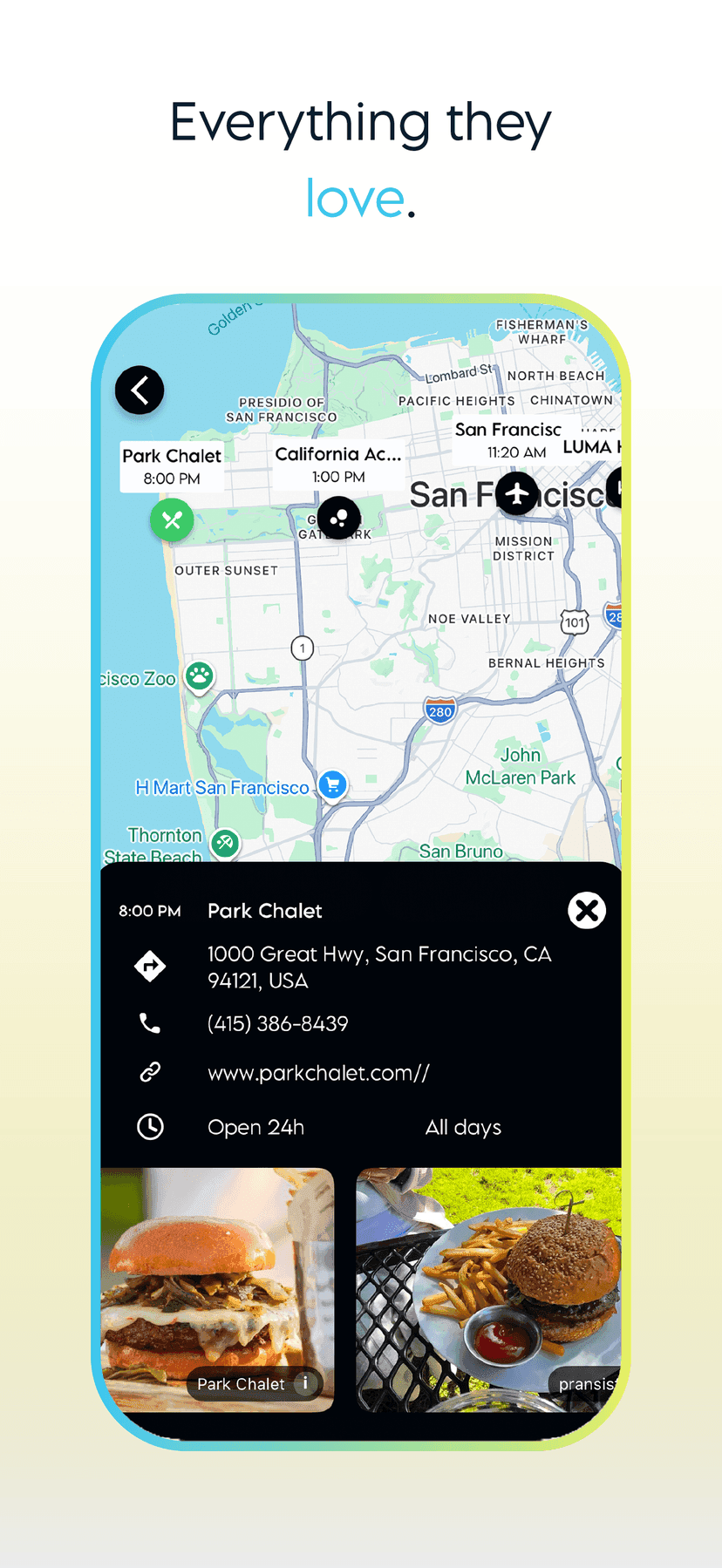 Park Chalet on a San Francisco map, with burger photos and restaurant contact details