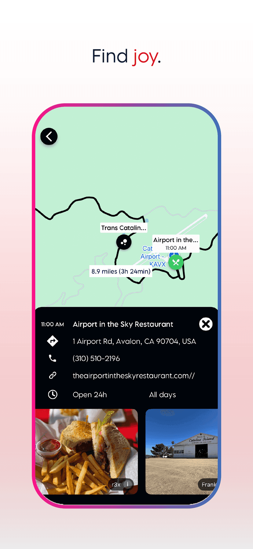 Airport in the Sky Restaurant details on Catalina, with a sandwich photo, a hangar, and a map pin
