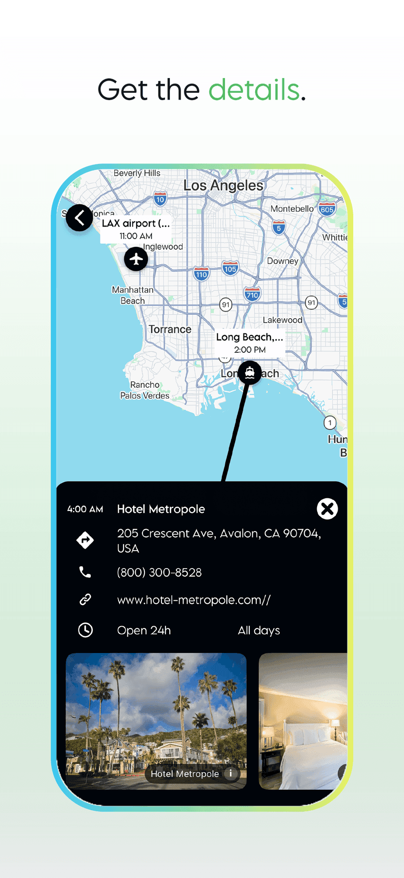 Hotel Metropole in Avalon with address, hours, palm-lined photos, and a Los Angeles area map