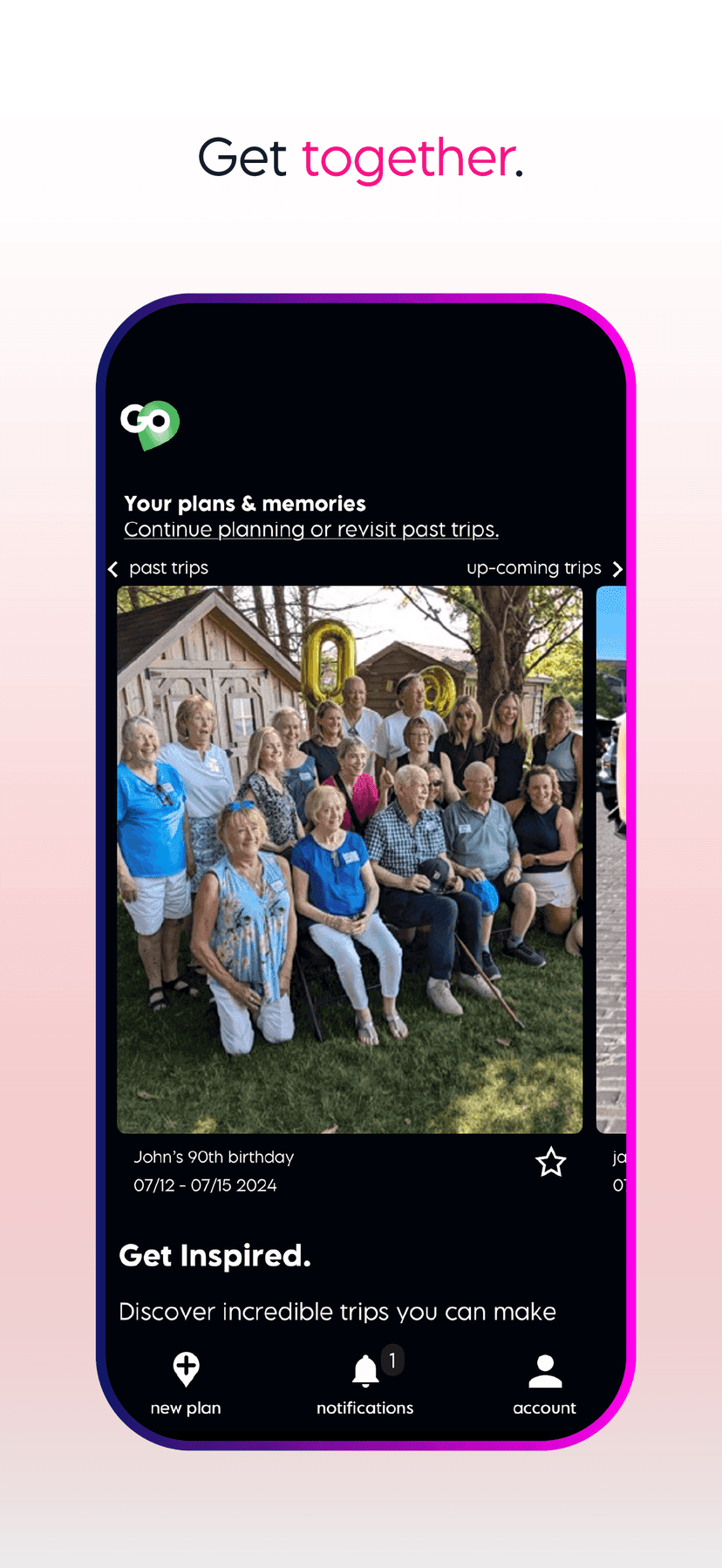 Home screen for John’s 90th birthday with a large family photo on the lawn