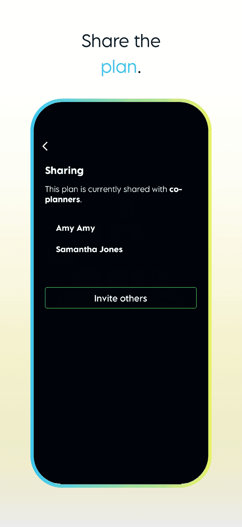 Sharing screen listing co-planners Amy Amy and Samantha Jones, with an Invite others button