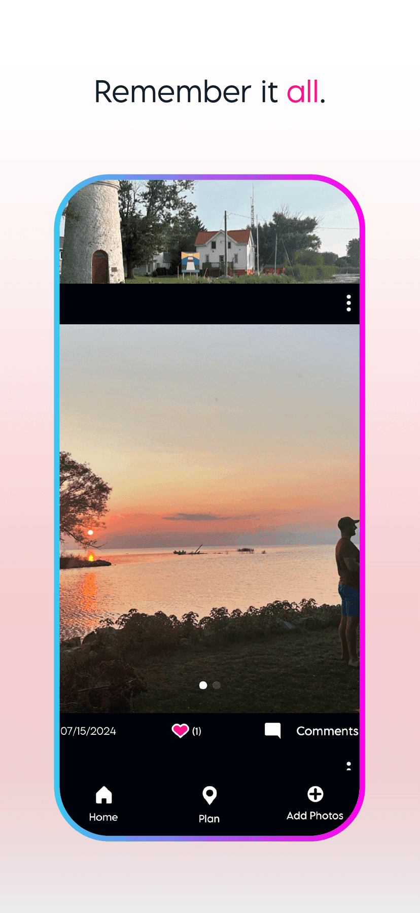 Trip photos of a lighthouse and a person watching a lakeside sunset