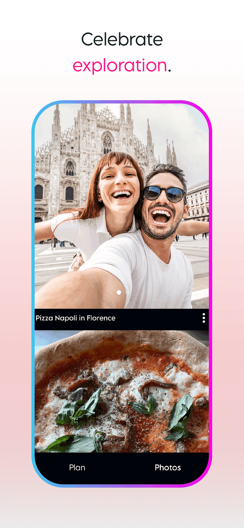 Trip photos of a couple taking a selfie in front of a Gothic cathedral and a pizza labeled Pizza Napoli in Florence