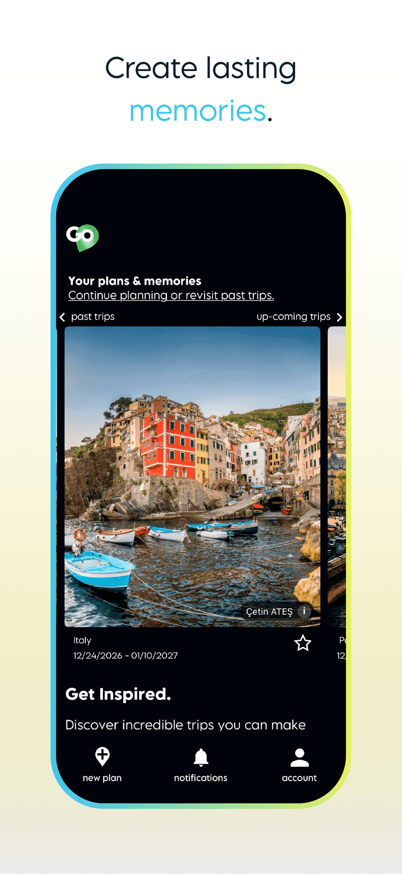 Home screen titled Get Inspired, showing a Cinque Terre harbor with colorful houses and boats