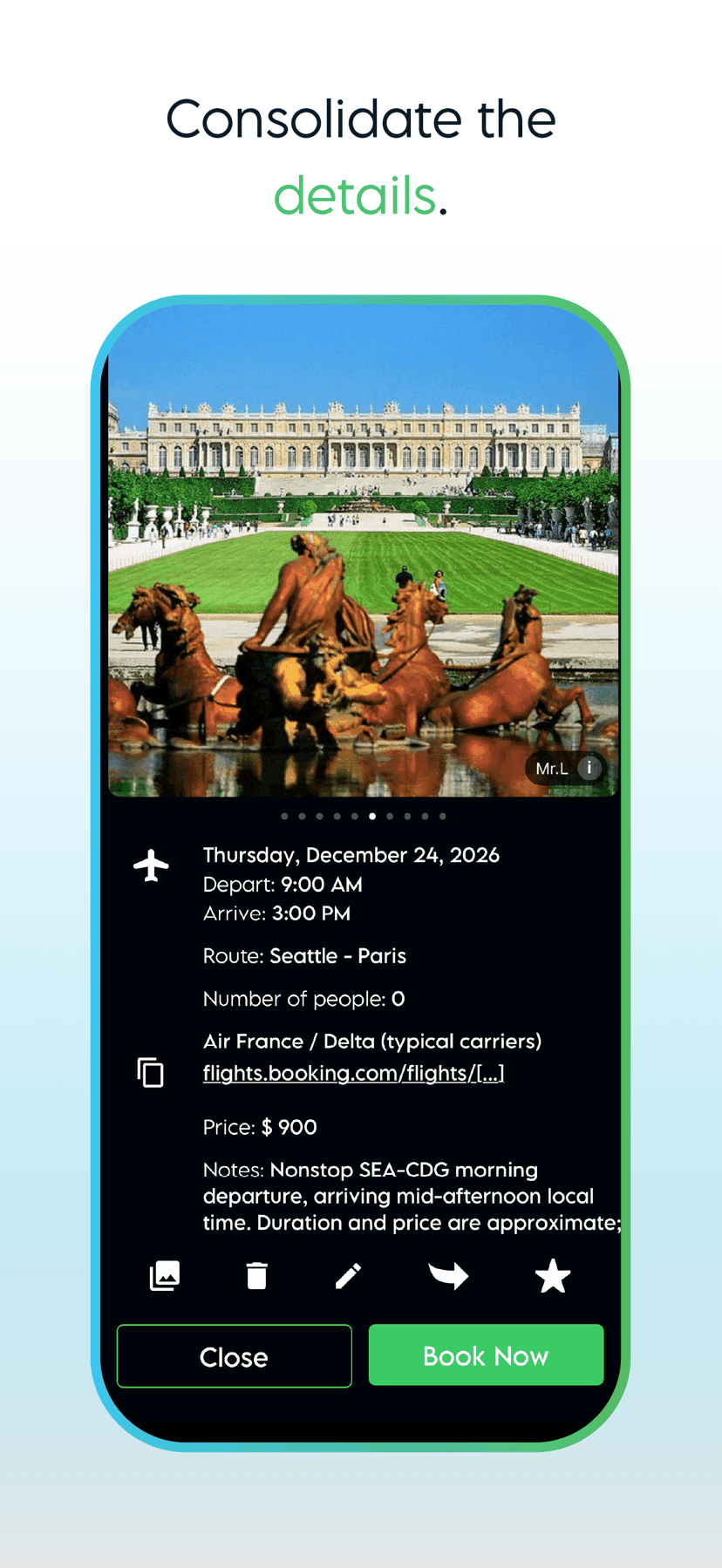 Seattle to Paris flight details with a Palace of Versailles photo and a Book Now button