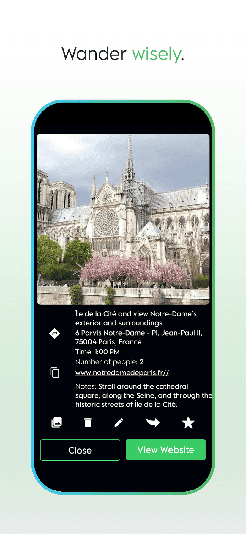 Notre-Dame stop with cherry blossoms, address, notes about Île de la Cité, and a View Website button