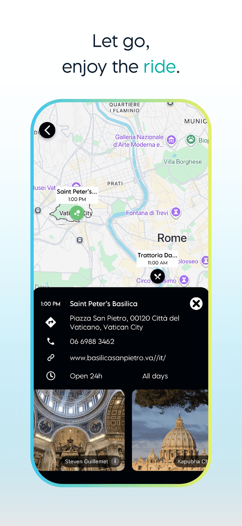 Saint Peter’s Basilica on a Rome map, with interior dome and exterior photos