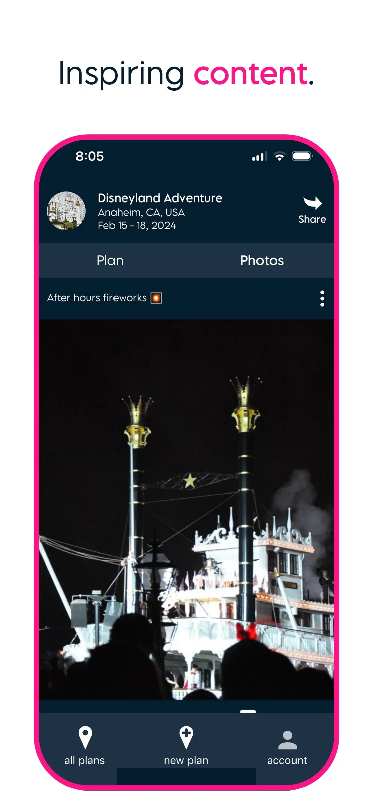 Trip photos for Disneyland Adventure showing after-hours fireworks on a paddle steamer