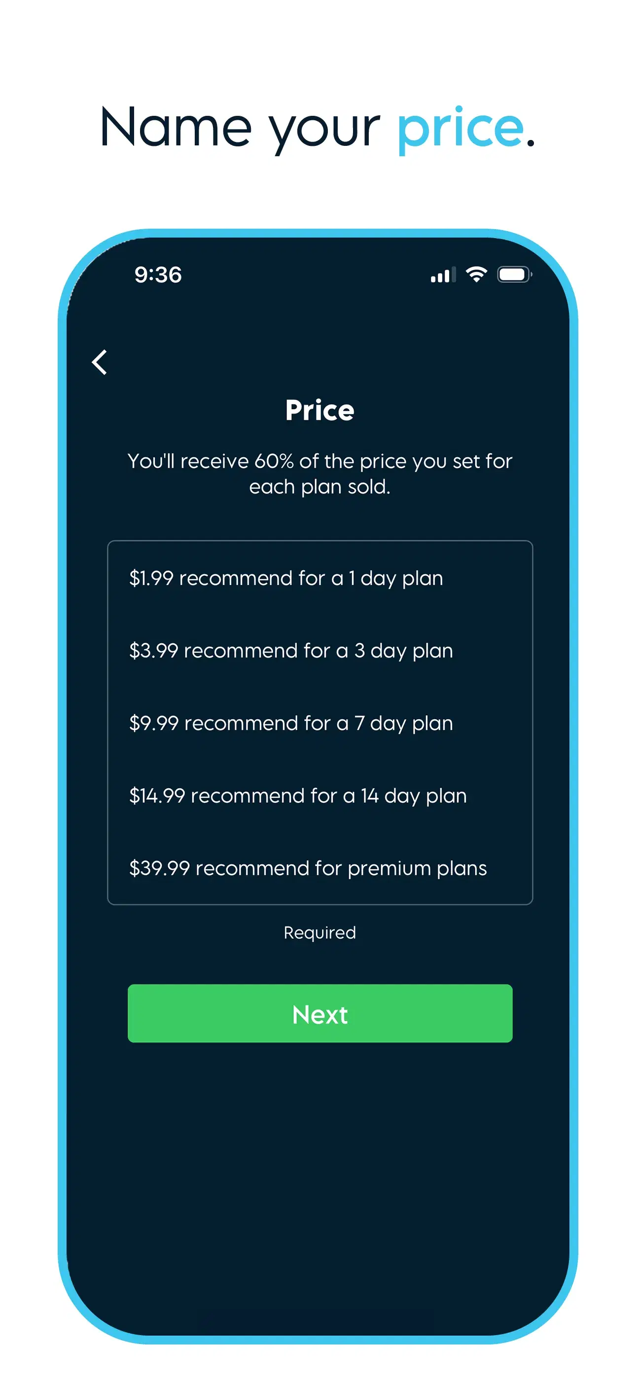 Price screen listing recommended prices from $1.99 to $39.99 with a Next button