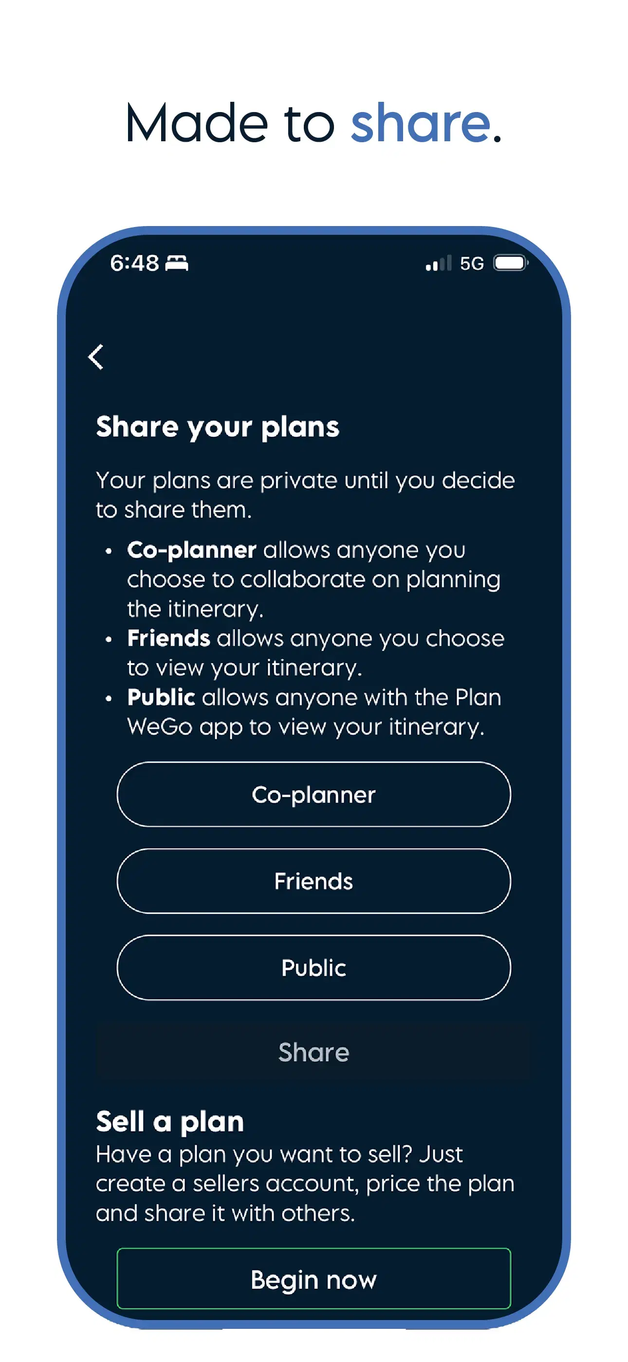 Share your plans screen explaining co-planner, friends, and public sharing, plus a Begin now button to sell a plan