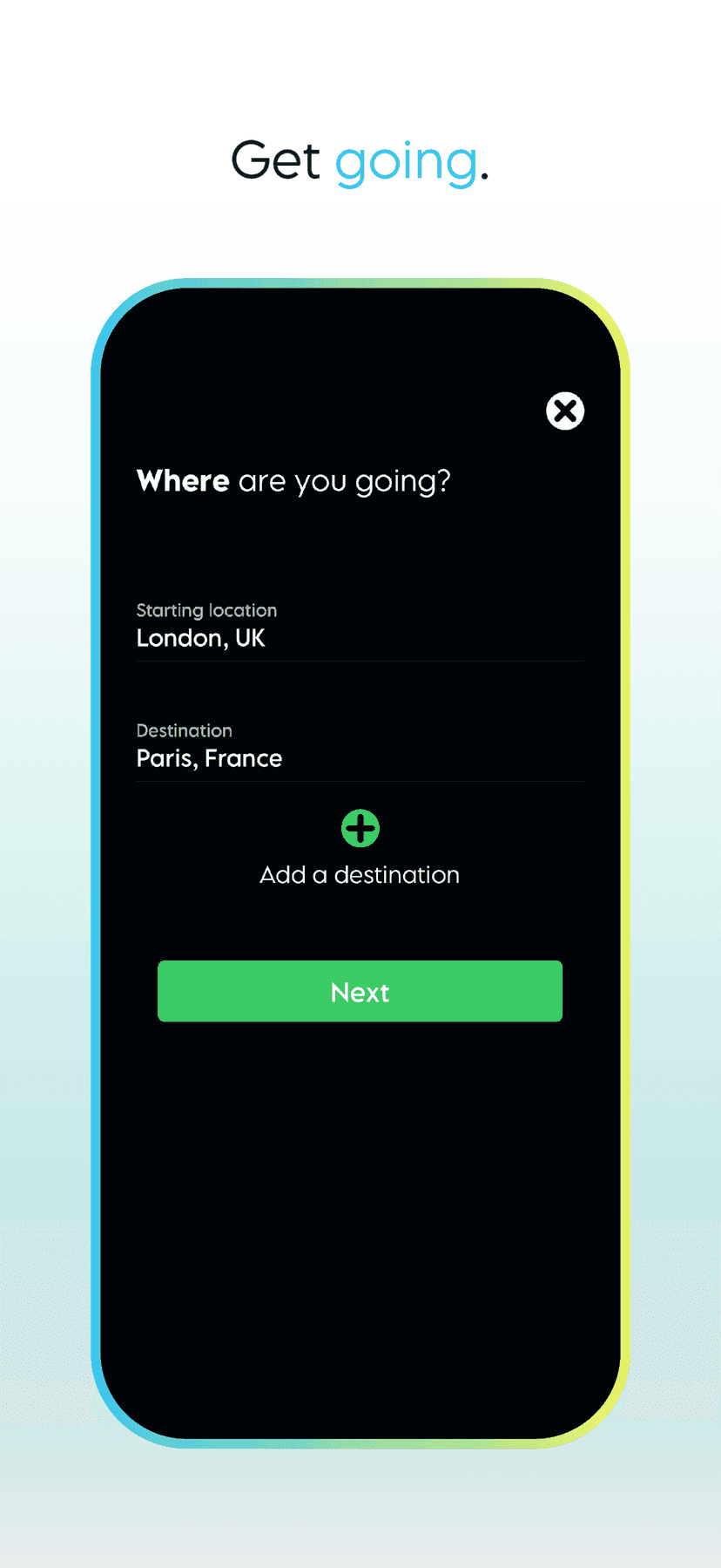 Where are you going screen with London as the start and Paris as the destination