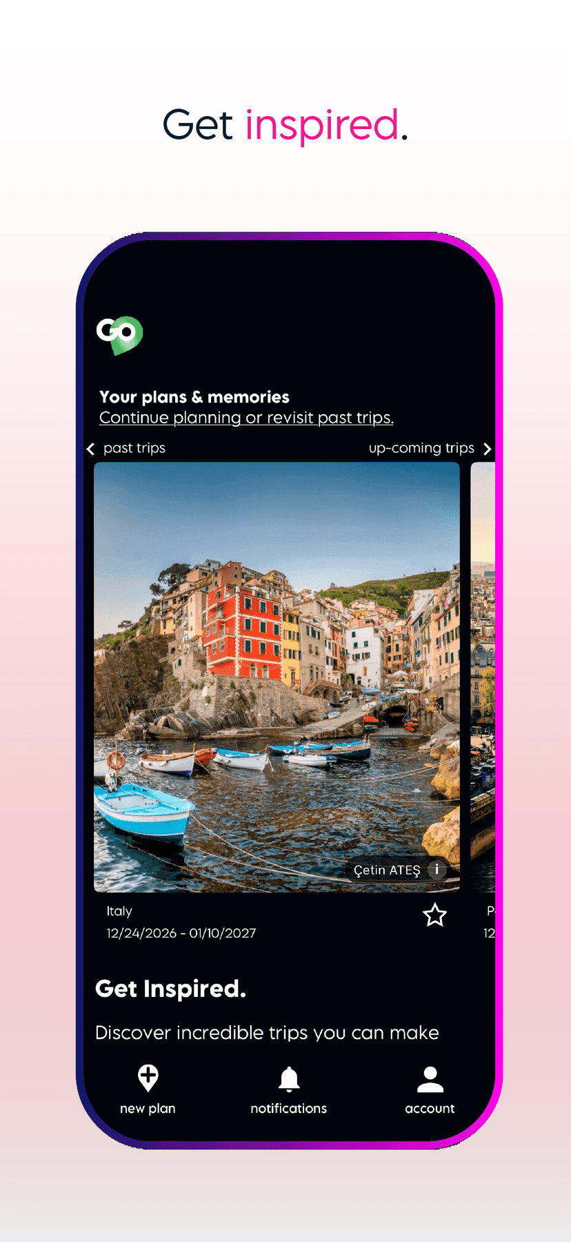 Home screen titled Get Inspired, showing a Cinque Terre harbor with colorful houses and boats