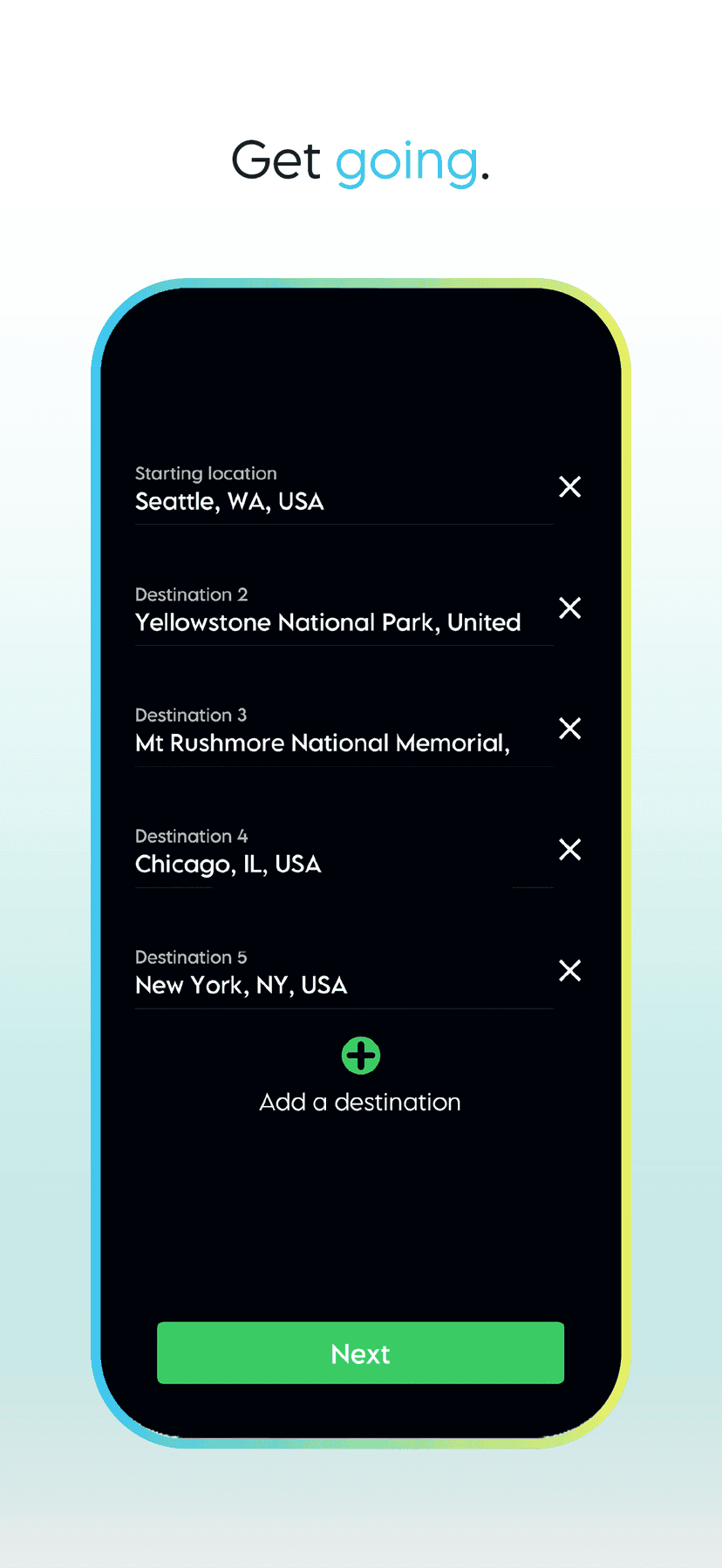 Multi-stop list from Seattle to Yellowstone, Mount Rushmore, Chicago, and New York