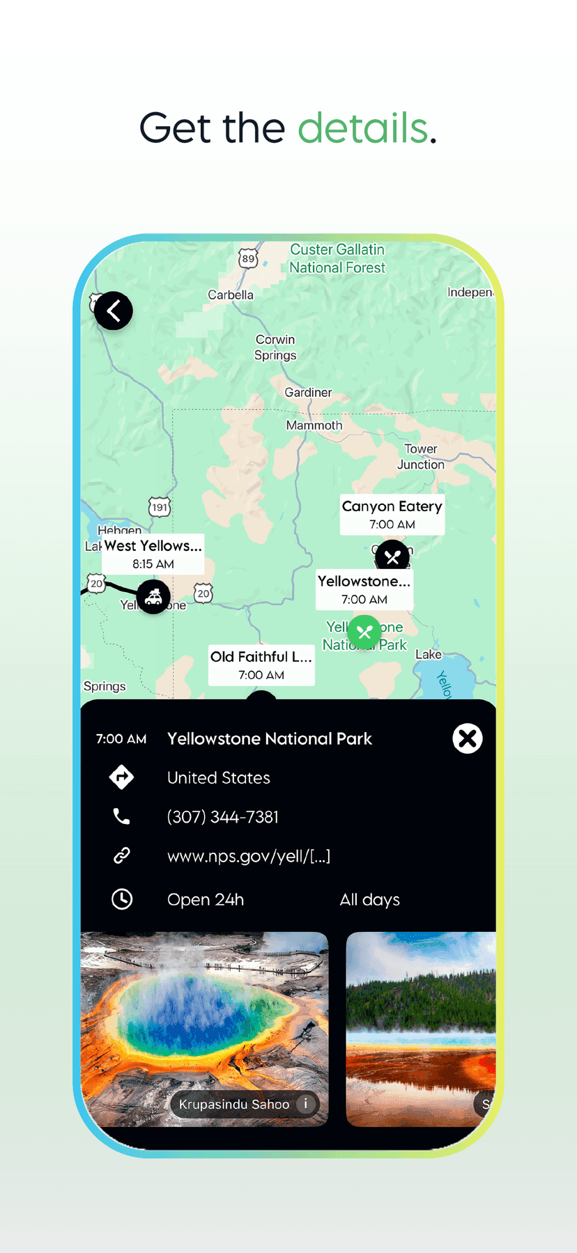 Yellowstone National Park details with Grand Prismatic Spring photos and nearby map pins
