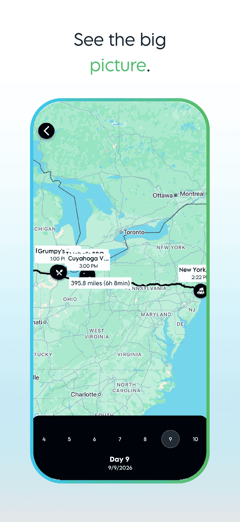 Day 9 map from Cuyahoga Valley toward New York, showing a 396-mile drive