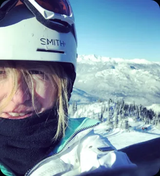 Ski selfie in snowy mountains