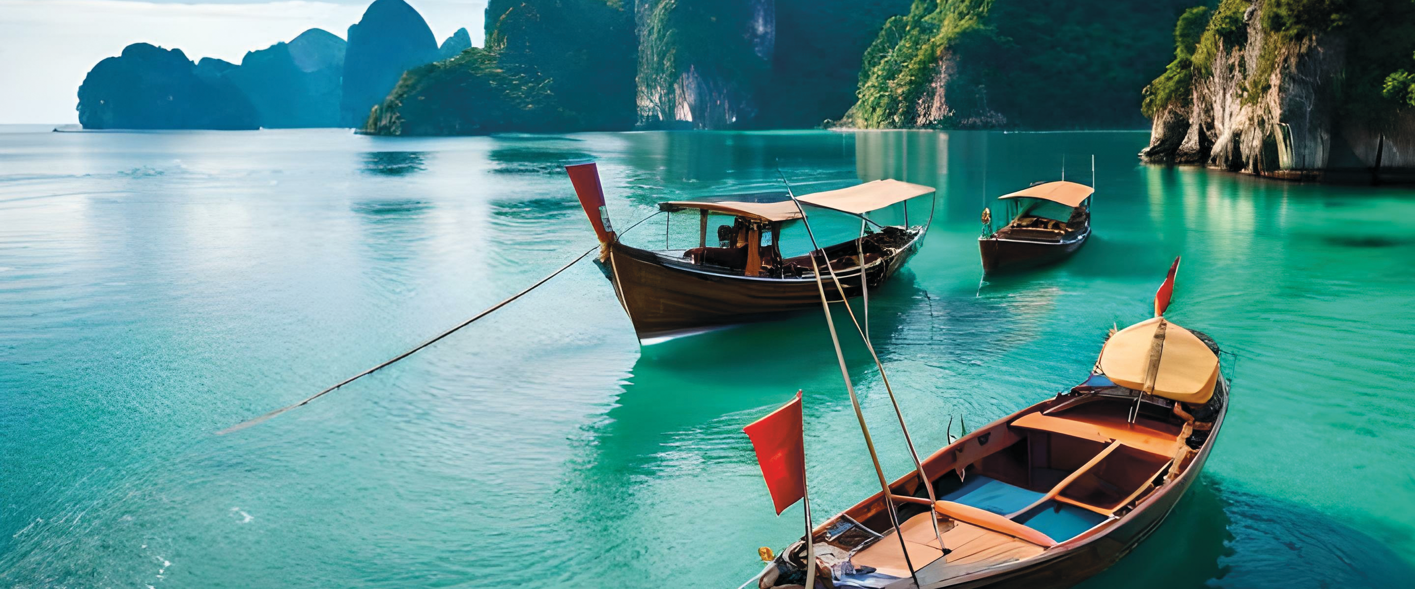 Long-tail boats on a tropical lagoon